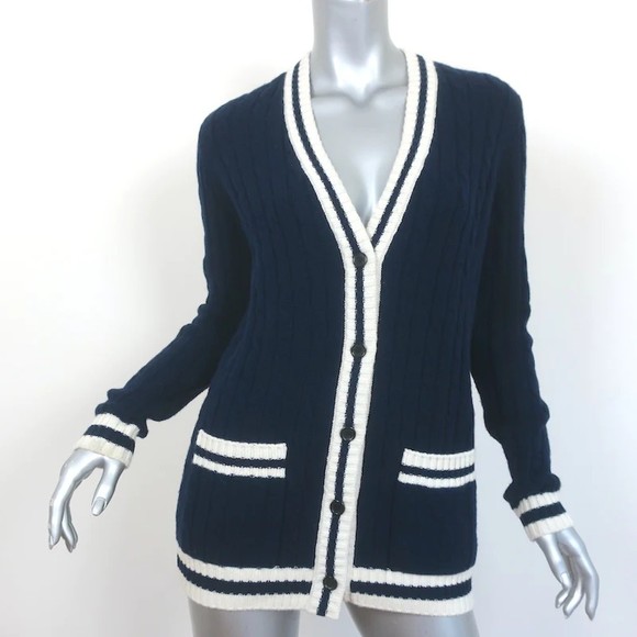 Yves Saint Laurent Sweaters - Saint Laurent Cashmere Cable Knit Cardigan Navy Size Small V-Neck Sweater